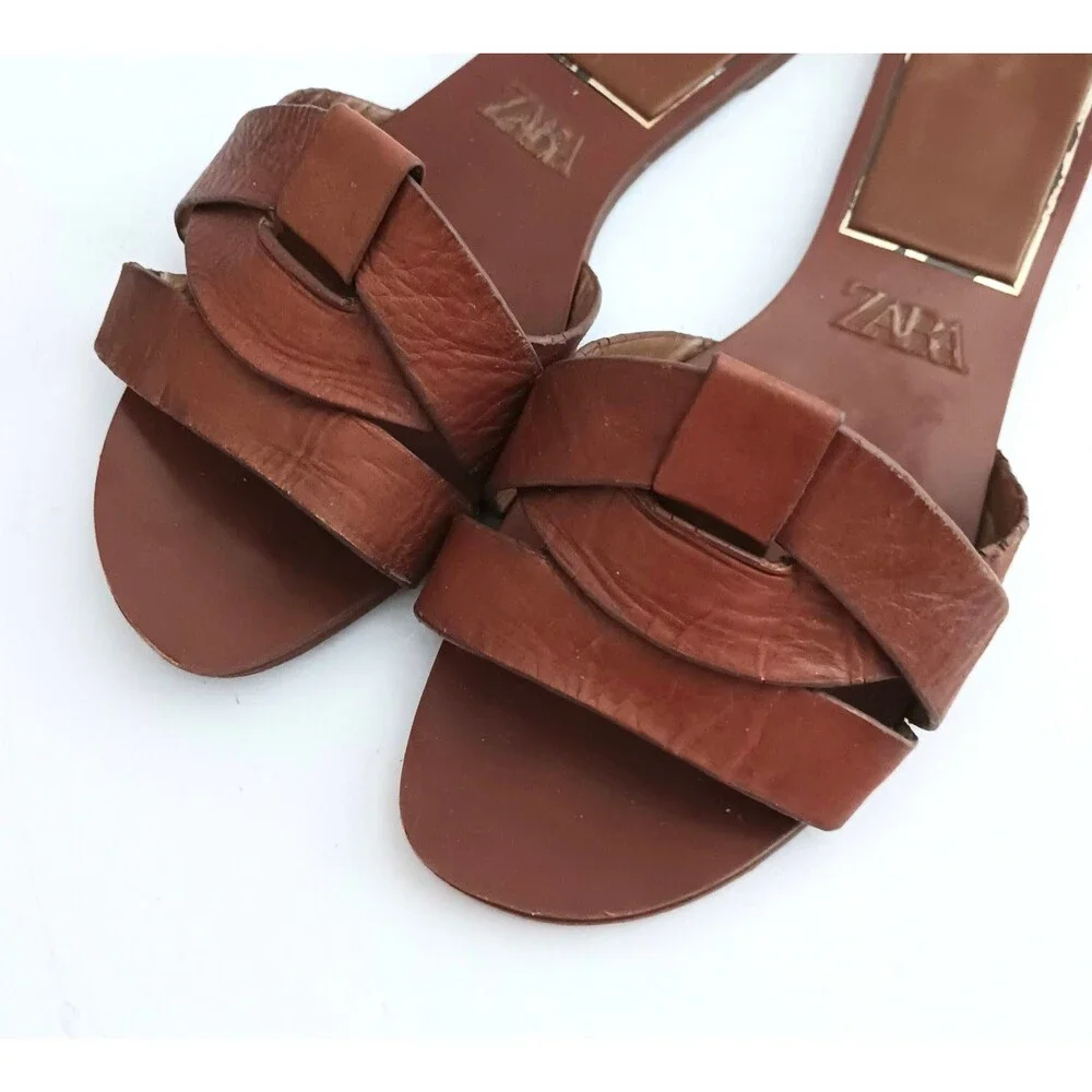 ZARA Brown Braided Leather Flat Slide Sandals EU 38 US 7-7.5 - Picture 3 of 10